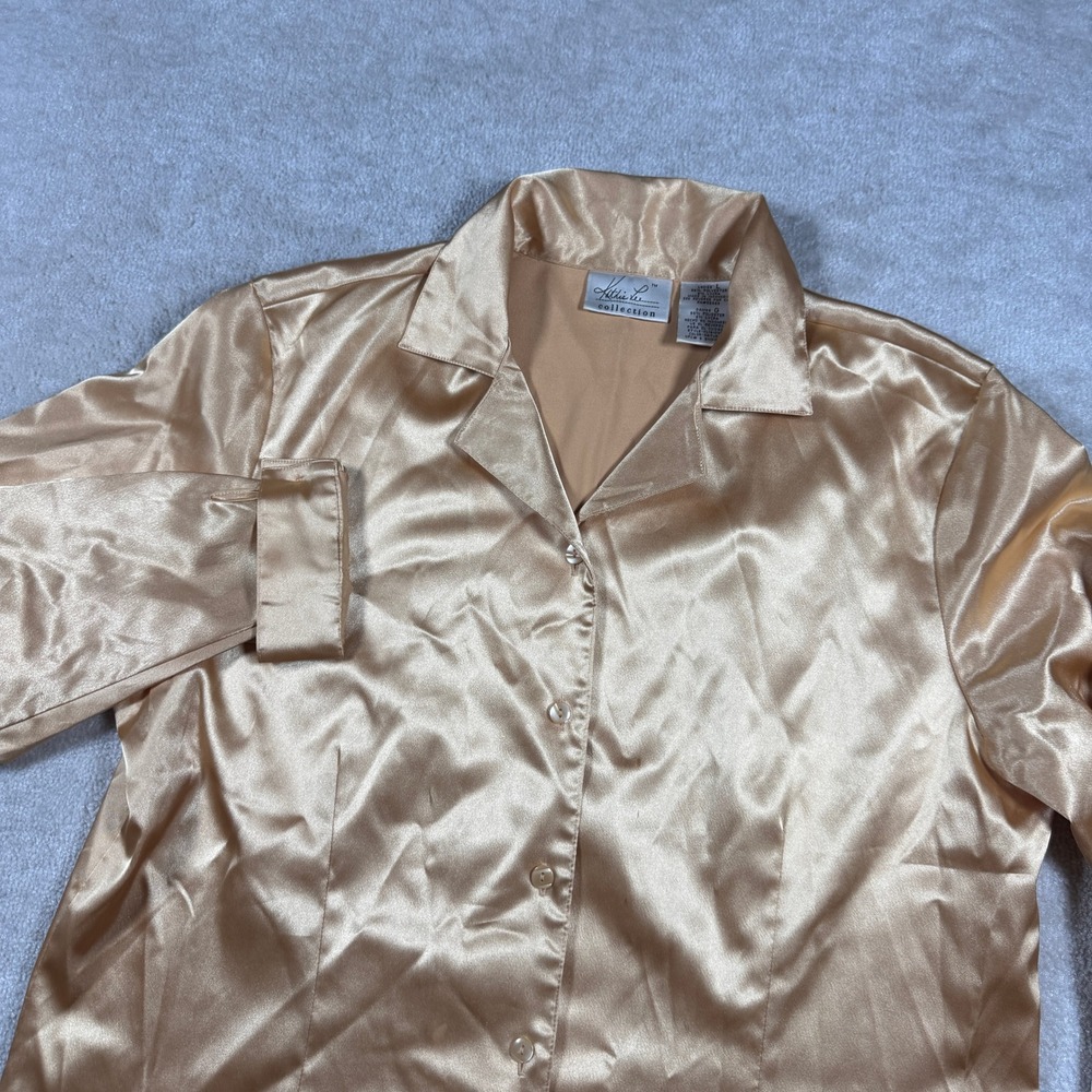 Kathie Lee Collection Blouse Womens L Gold Natural Satin Button Down Long Sleeve